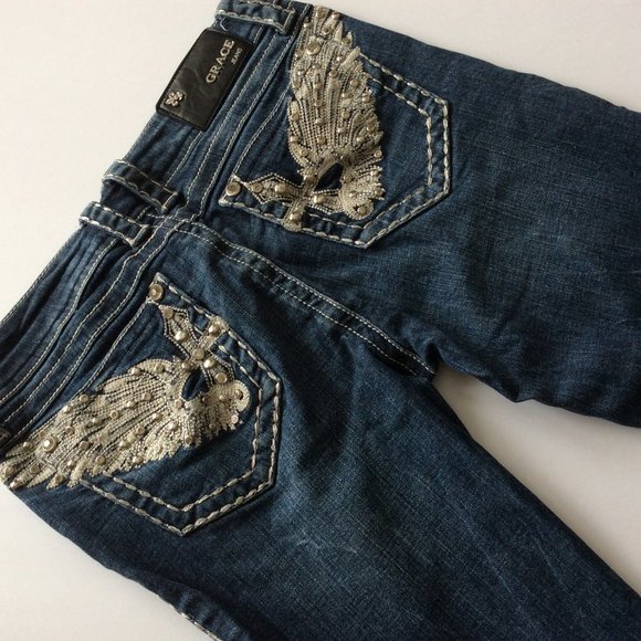 Grace in LA Denim - GRACE IN LA ANGEL WING EMBELLISHED JEANS 27/7